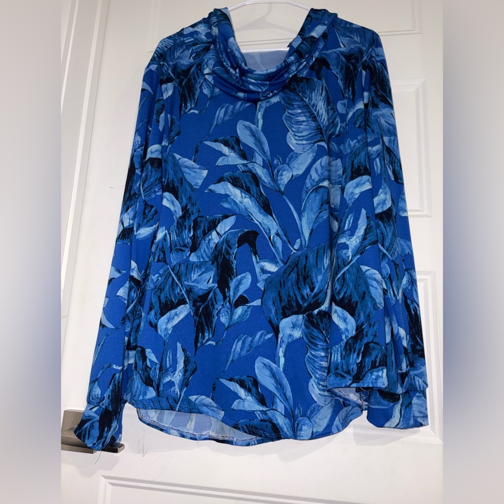 Blue Leaf Print Cowl Neck Top for women (fits 3X)